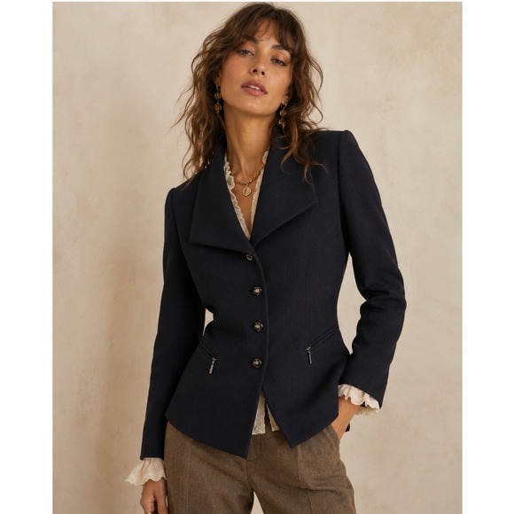 Tahari Arthur S. Levine Jackets & Blazers - Vintage Tahari Levine Blazer 8 Black Herringbone Wide Collar Zip Pocket Jacket